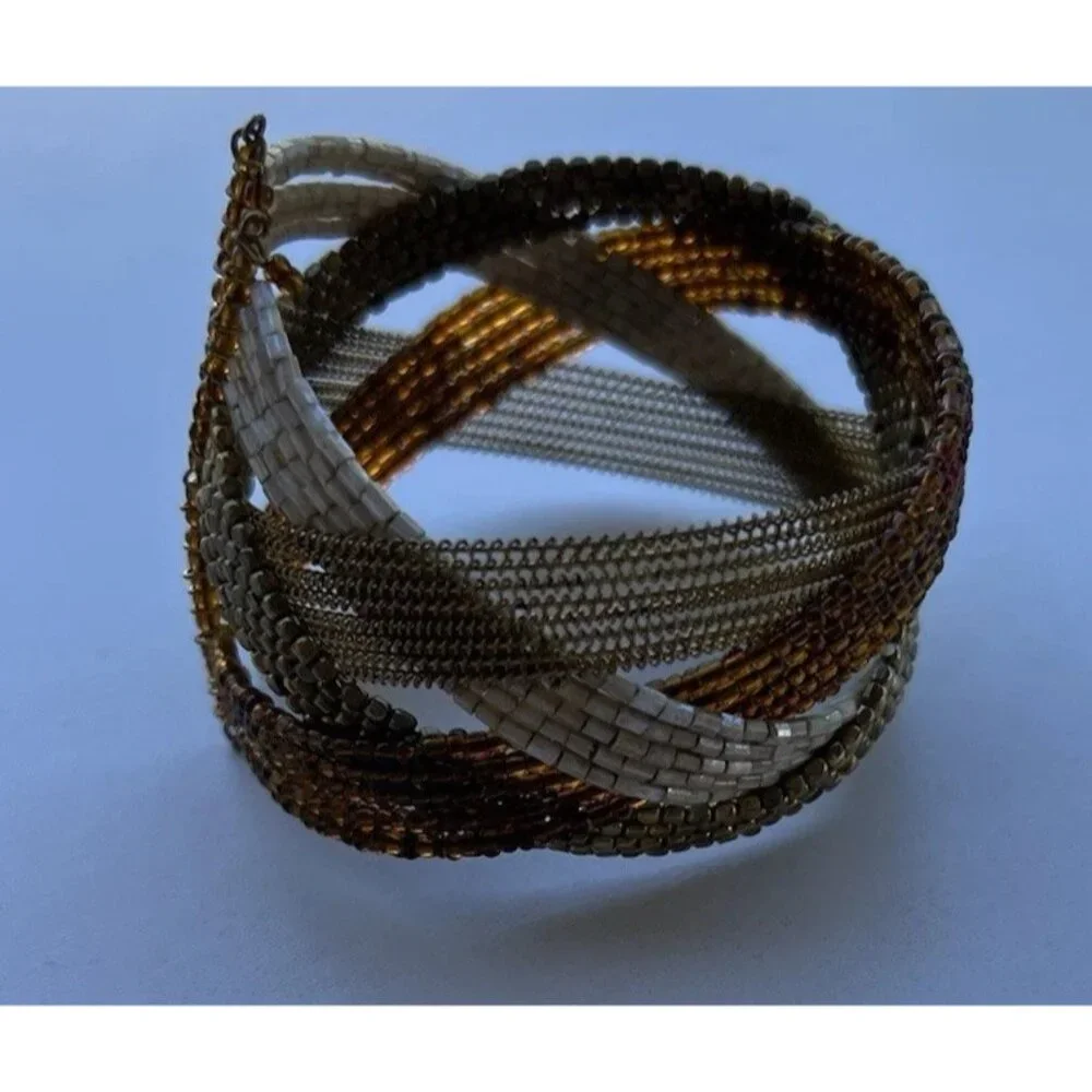 Vintage Glass Seed Bead Pieces Cuff Bracelet Brown Gold Y2K Women’s Sz 7.5”